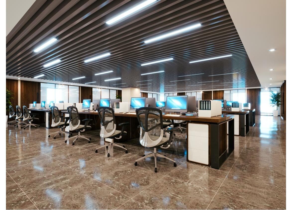 Wood-ceiling office floor with rows of workstations
