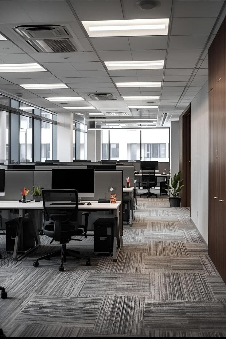 Office corridor lined with workstations