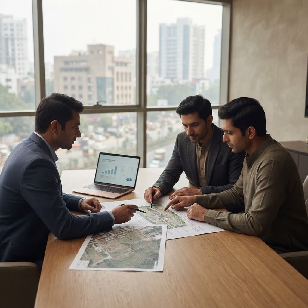 NCP advisors reviewing site plans with a client around a table