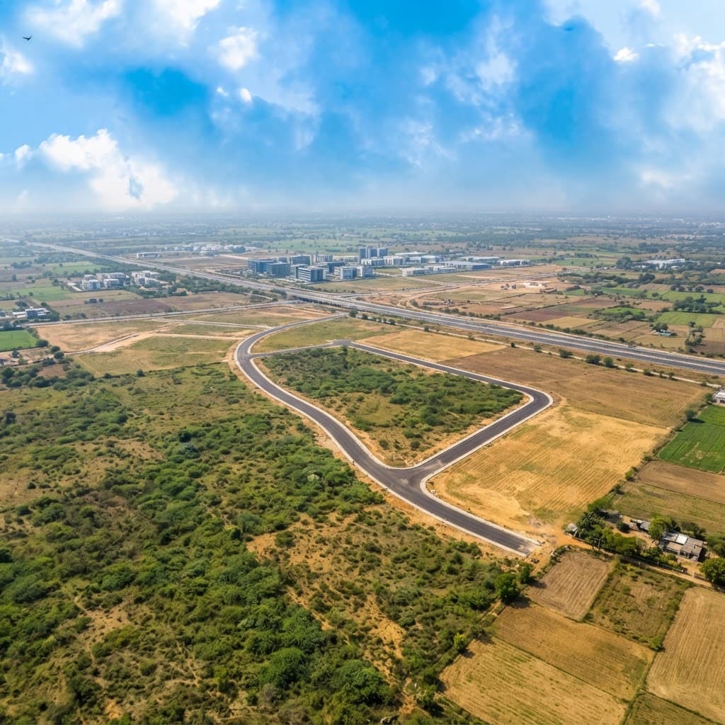 Aerial view of a commercial land parcel on a growth corridor road